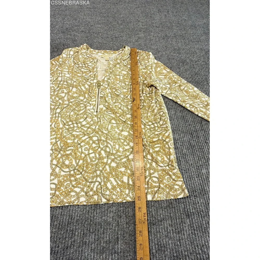 Michael Kors Yellow Women's Blouse Gold Chain Link Print Zip Front Top - Medium